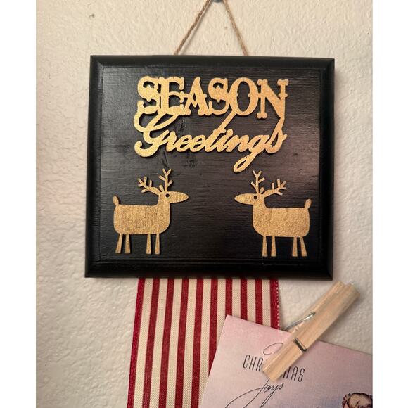 Season Greetings Card Holder Black Gold Script Topper Red Striped Wide Ribbon - Picture 2 of 5